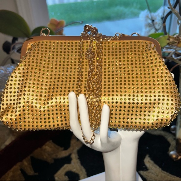 Gold Rhinestone Kiss Closure Bag Purse Shoulder Evening Bag Gold Tone Hardware - Picture 10 of 16